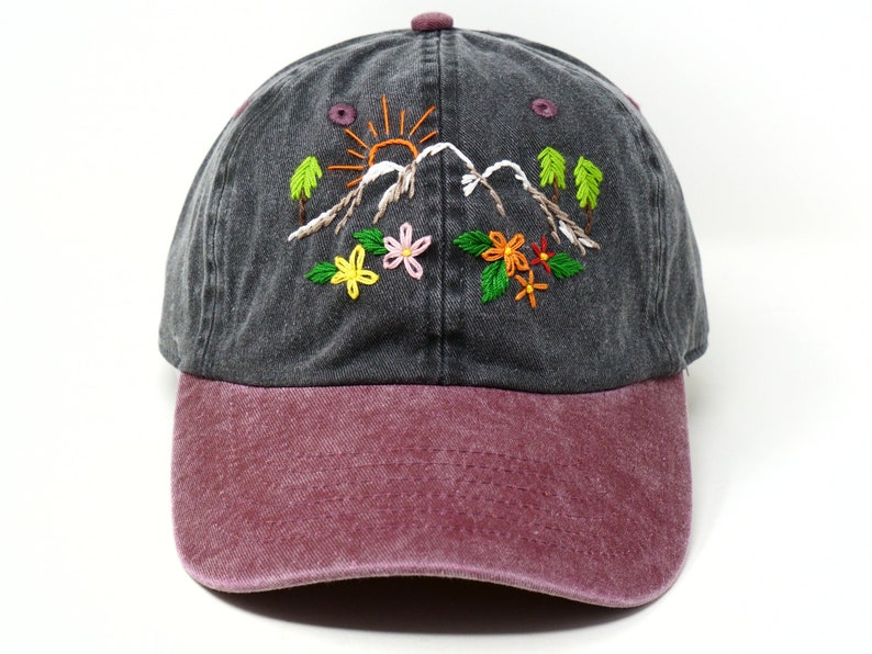 Hand Embroidered Mountain Flower Trees 2 Tone Green Beige Wash cotton Baseball Cap Summer Sun Hat Black red