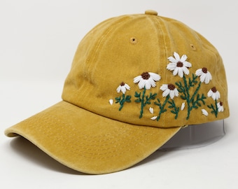 Hand Embroidered Sunflower Daisy Flower Wash Cotton Baseball Hat, Curved Brim Dad Hat, Colorful Summer Cap