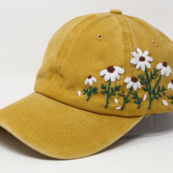 Hand Embroidered Sunflower Daisy Flower Wash Cotton Baseball Hat, Curved Brim Dad Hat, Colorful Summer Cap