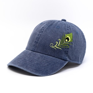 Blue Peacock Tail Feather Embroidered Baseball Cap, Solid 100% Cotton Gray Baseball Hat Sun Cap