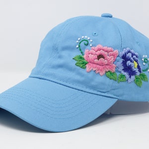 Hand Embroidered Hat, Peony Cotton Baseball Cap, Curved Brim Baseball Hat, Colorful Summer Cap, Sky Blue Hat