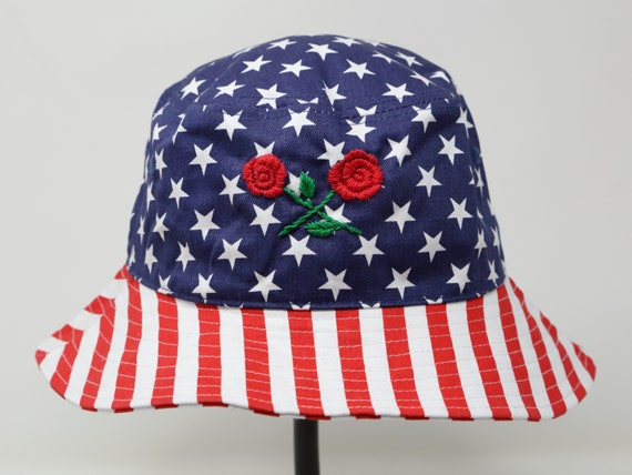 Washed Cotton American USA Flag Bucket Hat, Hand Embroidered Rose National Flower Cap, Short Brim Patriotic Bucket Hat, July 4th Hat