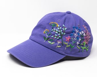 Hand Embroidered Flower Garden Cotton Baseball Cap, Hand Embroidered Multi Color Sun Hat, Curve Brim Summer Cap,