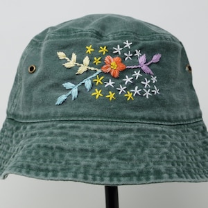Washed Cotton Bucket Hat, Hand Embroidered Wild Flower Cap Short Brim Military Green