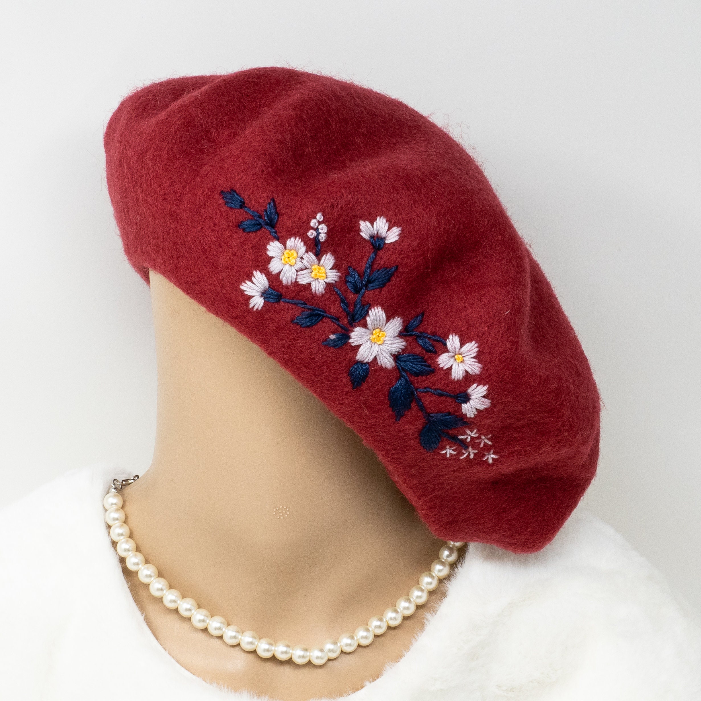 9584 Women\'s Beret, Floral Burgundy, One Size Fits Burgundy Beret,unique Hand Embroidered Beret,maroon French  main image 2