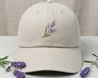 Geborduurde baseballpet met lavendelbloem, gewassen katoenen zomerhoed met gebogen rand
