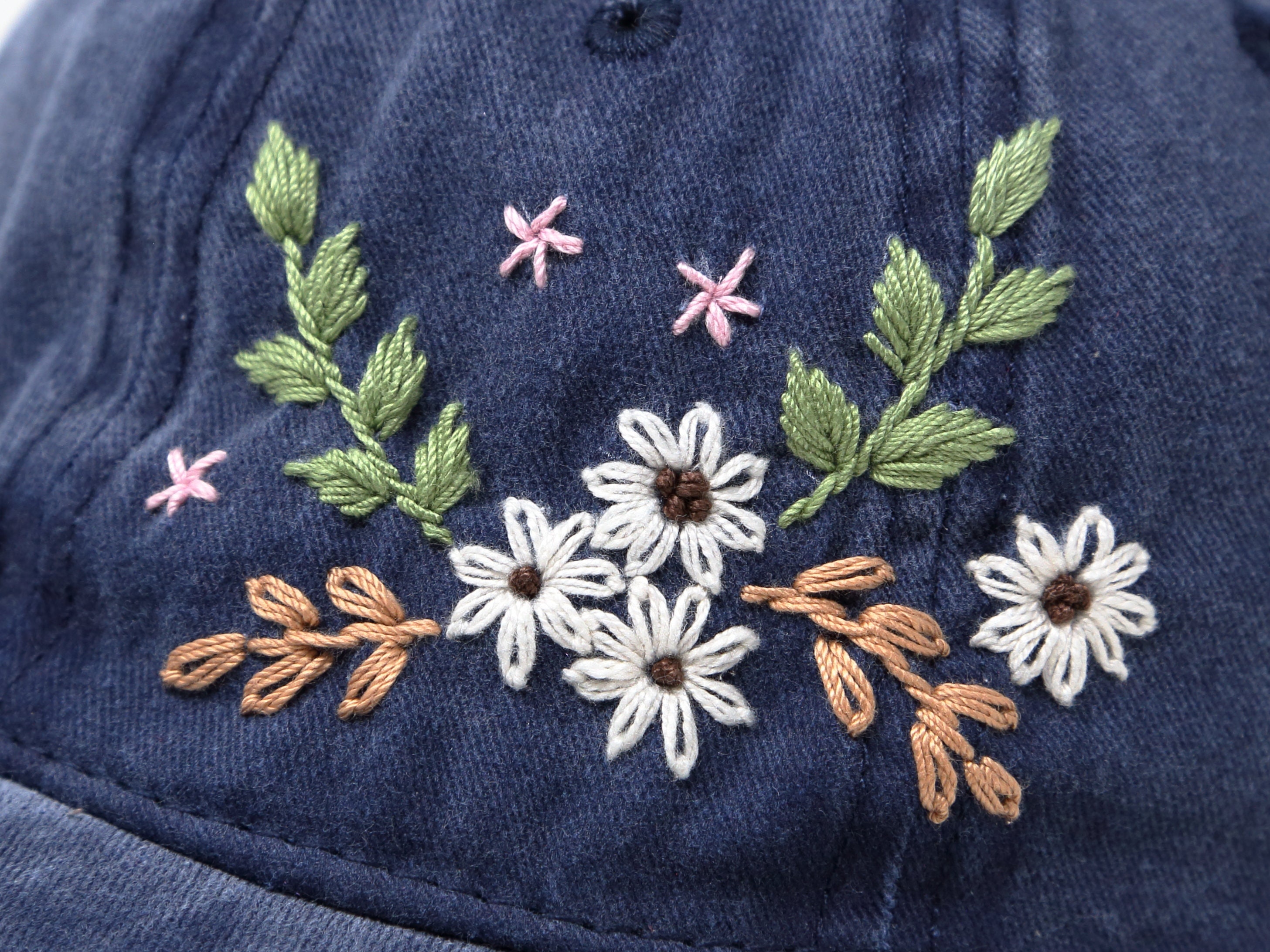 Flower Embroidered Cotton Baseball Cap, Hand Embroidered Daisy Fern ...