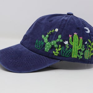 Cactus Embroidered Wash Cotton Baseball Cap, Hand Embroidered Sun Hat, Curve Brim Summer Cap, Unique