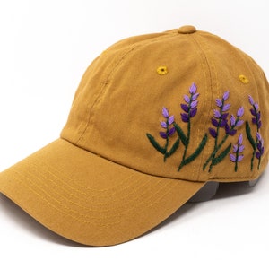 Hand Embroidered Purple Lavender Cotton Baseball Cap, Hand Made Mustard Yellow Sun Hat, Curve Brim Summer Cap