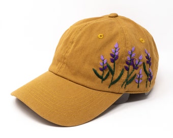 Hand Embroidered Purple Lavender Cotton Baseball Cap, Hand Made Mustard Yellow Sun Hat, Curve Brim Summer Cap