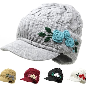 Winter Beanie Visor Hat, Hand Embroidered Rose Accent Newsboy Cap Acrylic, Choose Rose Flower Color