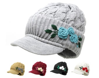 Winter Beanie Visor Hat, Hand Embroidered Rose Accent Newsboy Cap Acrylic, Choose Rose Flower Color