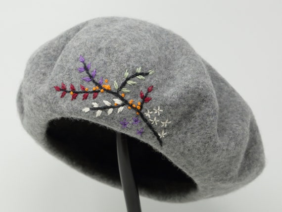 Handmade Hand Embroidered Autumn Leaf Flower 100% Wool Beret 