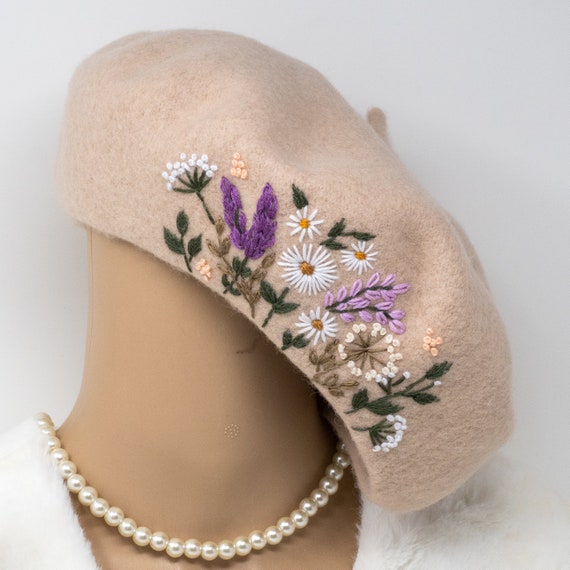 Buy Elegant Cream Beige Wool Beret With Hand-stitched Purple  display picture 2