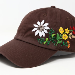 Handbestickte Baseballmütze aus Baumwolle, Handbestickter Blumen garten Hut, Geschwungene Krempe, Sommer Sonnenhut