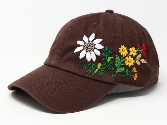 Handmade Cotton Baseball Cap, Hand Embroidered Flower Garden