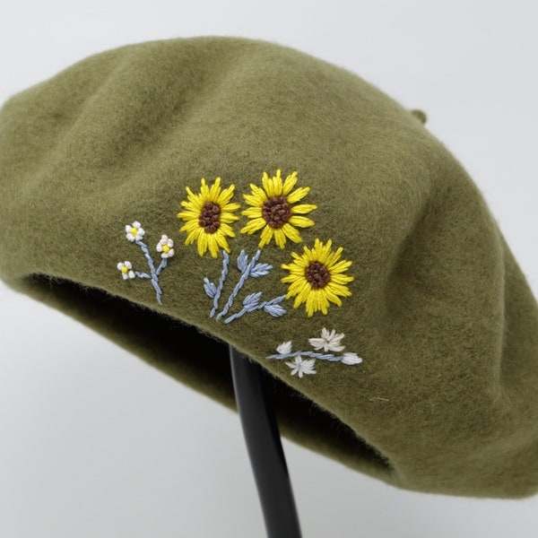 Chapeau béret 100% laine, casquette française d’hiver faite à la main brodée à la main tournesol herbe verte