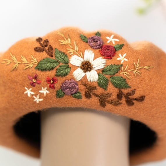 Pumpkin Floral French Wool Beret | Hand Embroidered Women display picture 2
