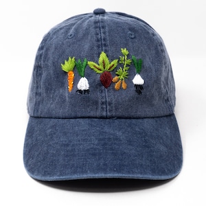 Hand Embroidered Mixed Vegetable Vege Garden Baseball Hat, Curved Brim Baseball Hat, Colorful Sun Summer Cap Blue