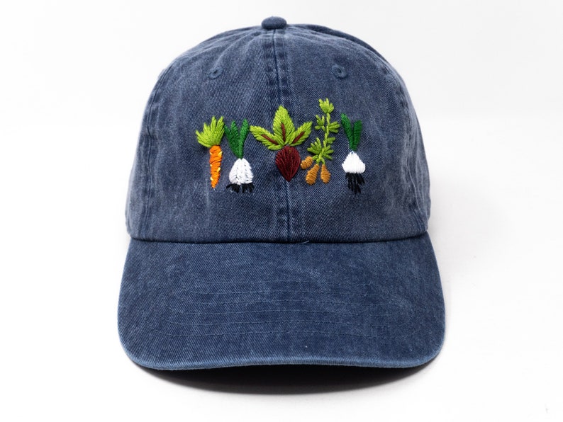 Hand Embroidered Mixed Vegetable Vege Garden Baseball Hat, Curved Brim Baseball Hat, Colorful Sun Summer Cap Blue