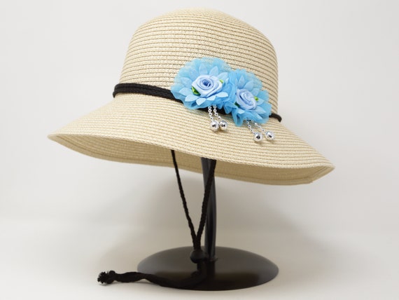 Cute Adorable Twin Blue Flower Accent Straw Panama Hat  display picture 1