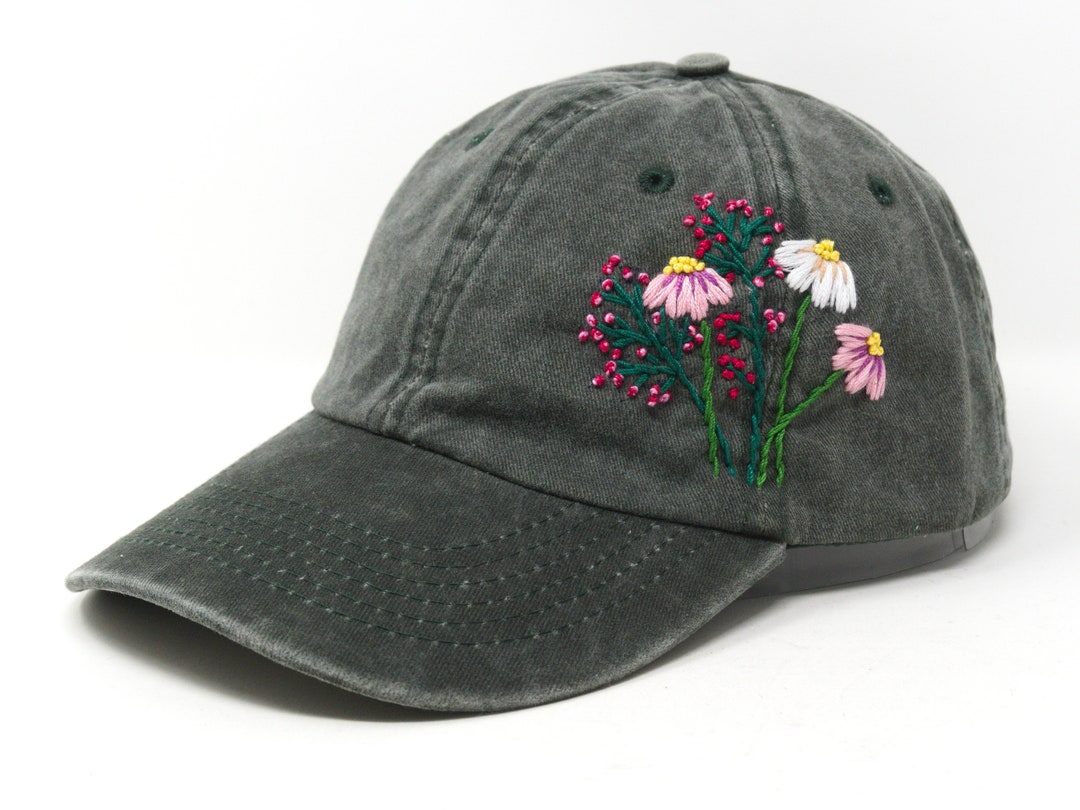 Flower Embroidered Cotton Baseball Cap Hand Embroidered Daisy - Etsy