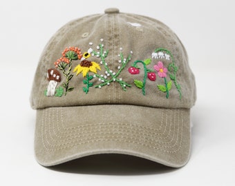 Wash Cotton Baseball Cap, Large Hand Embroidered Mushroom Flower Hat, Curved Brim Baseball Hat, Colorful Summer Cap