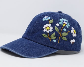 Hand Embroidered Flower Demin Jean Cotton Baseball Cap, Hand Embroidered Sun Hat, Curve Brim Summer Cap, Unique