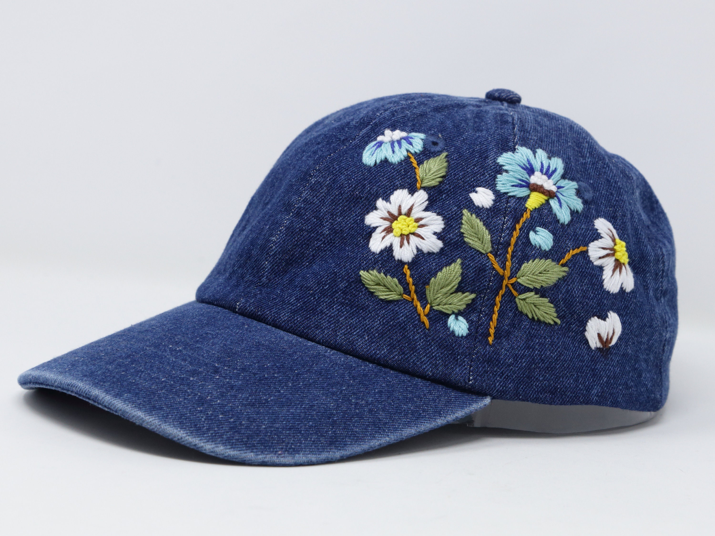 Hand Embroidered Flower Demin Jean Cotton Baseball Cap Hand - Etsy