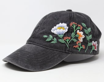 Hand Embroidered Big Flower Mix Garden Baseball Hat, Curved Brim Baseball Hat, Colorful Sun Summer Cap