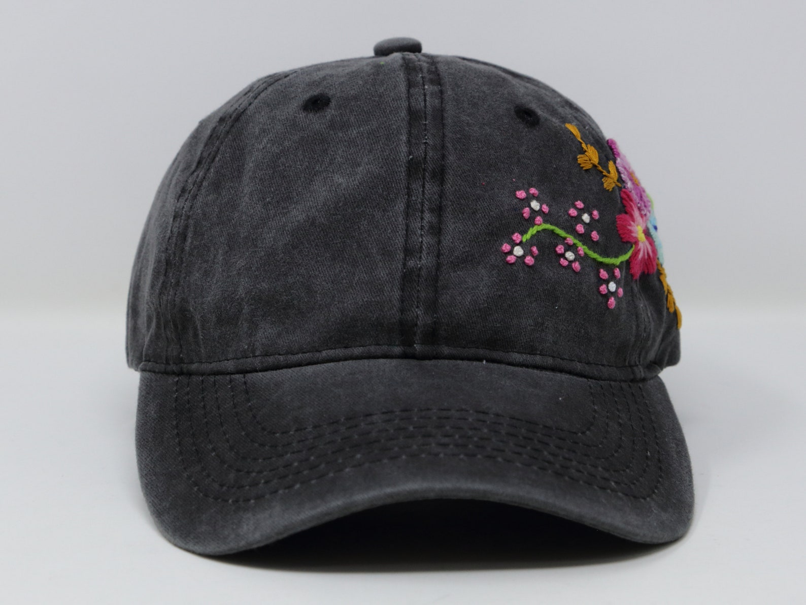 Wash Cotton Black Baseball Cap Hand Embroidered Flower Hat - Etsy