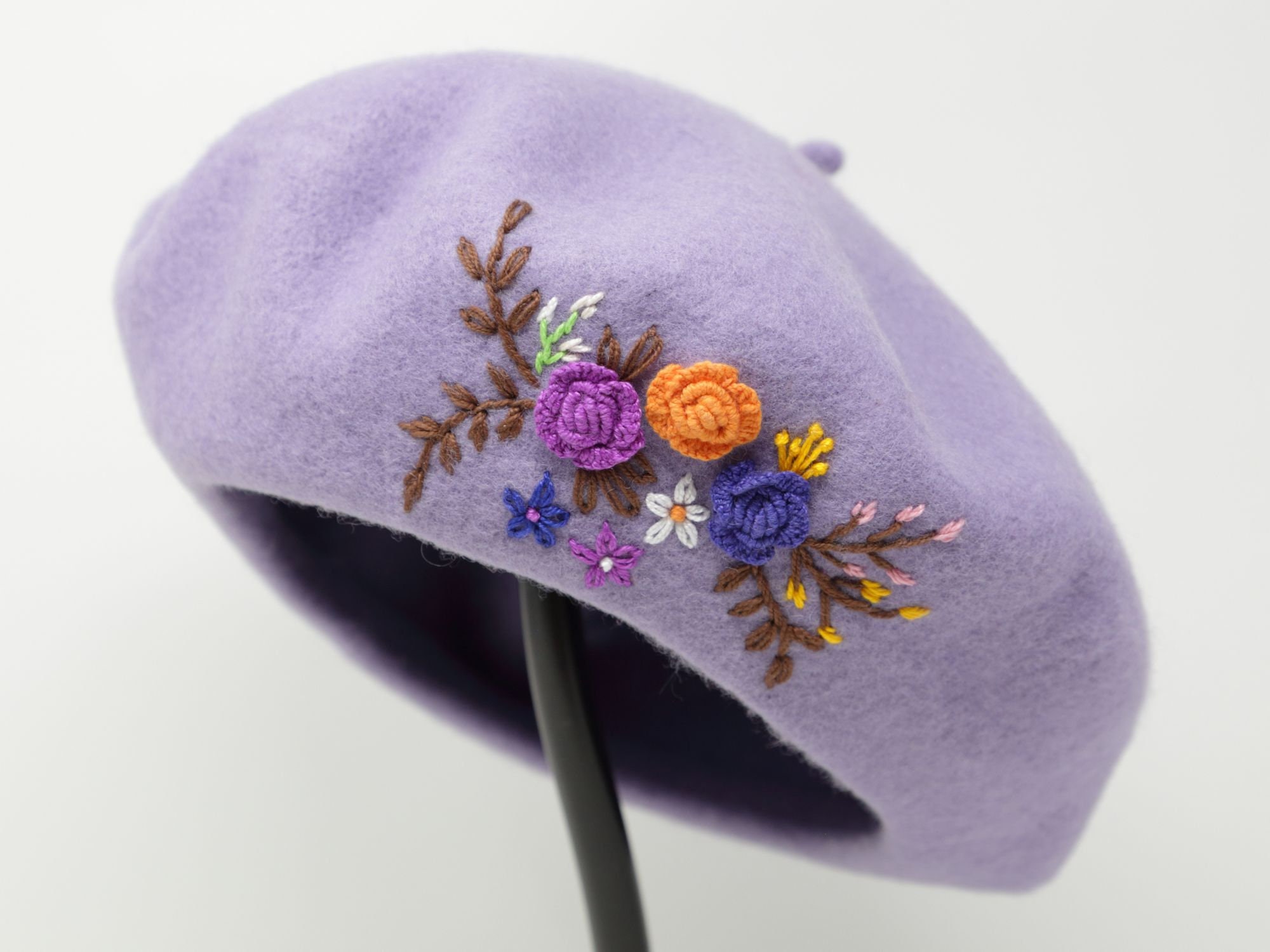 100% Wool Beret Hat, Large Handmade Hand Embroidered Flower