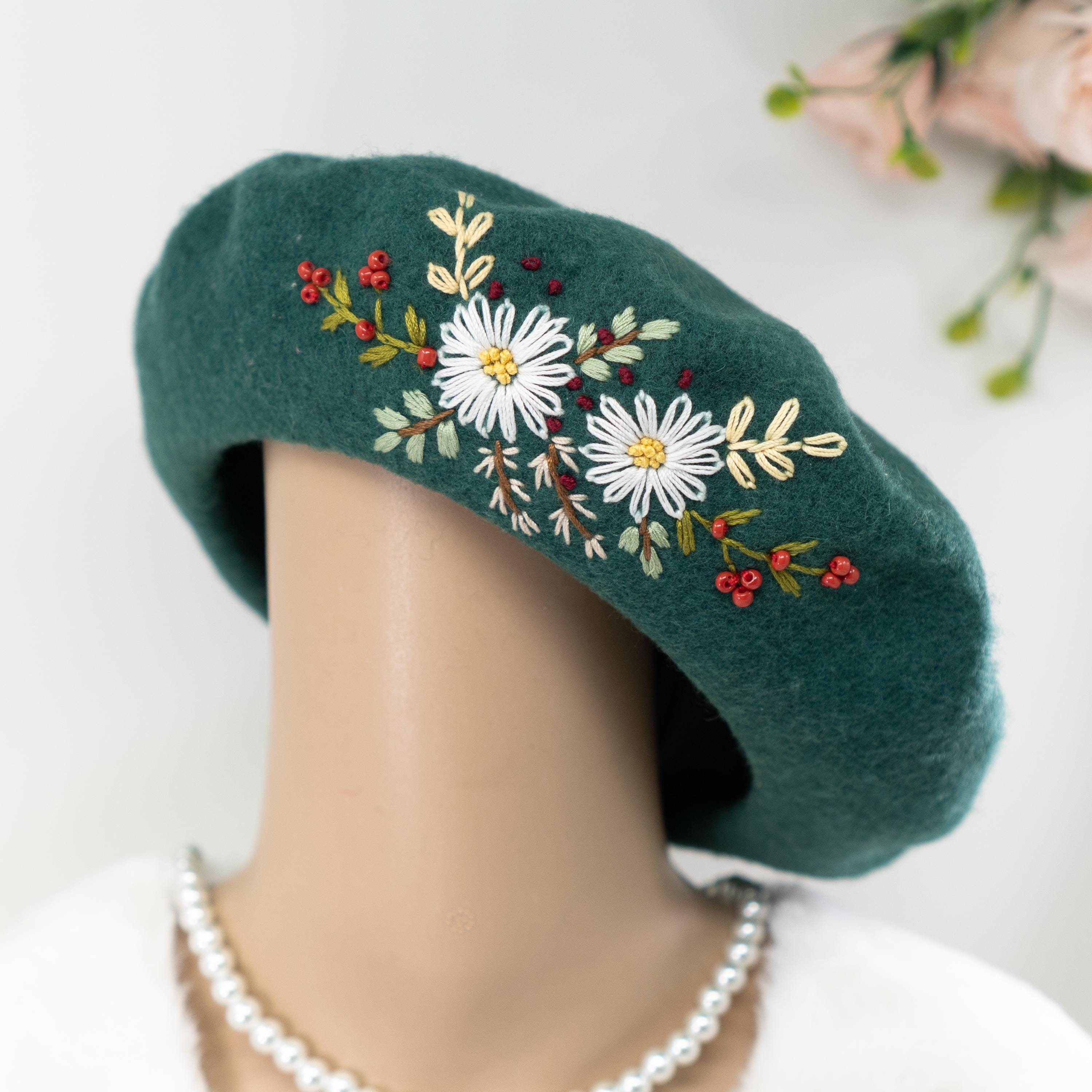 Hand Embroidered French Beret With Floral Design - 100% Wool 