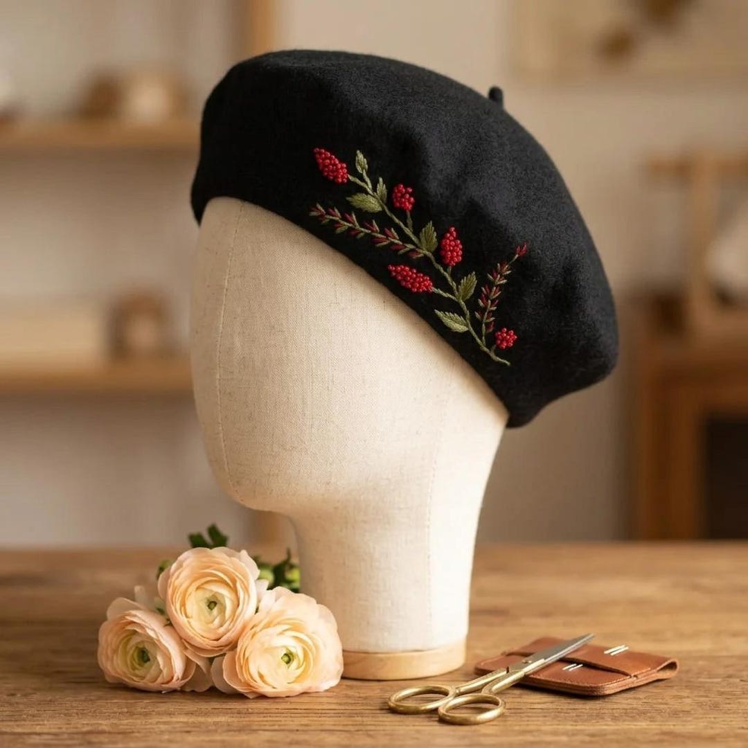 Women\'s French Style Flower Knitted Embroidery Beret Hats Wine Red 2 Flowers Beret Hats for Women French Artist hat Fashion Ladies Winter  main image 4