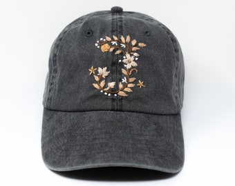 Unique Hand Embroidered Single Alphabet Letter with Flower Design Baseball Cap - Gift Idea