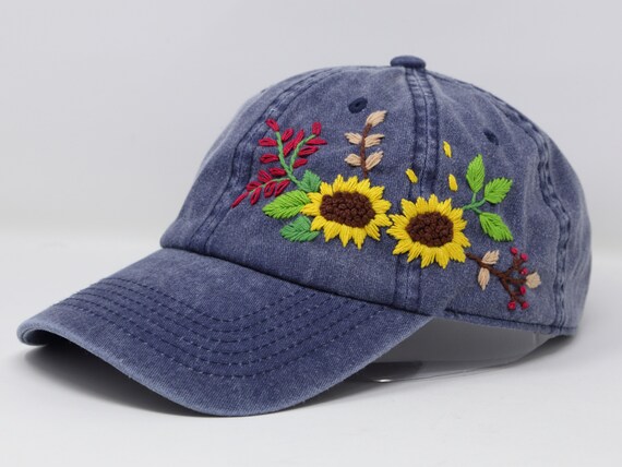 Wash Cotton Baseball Cap, Large Hand Embroidered Sunflower