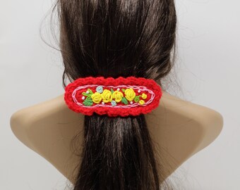 Hand haak haar Barrette acryl gebreide haarclips bloem geborduurd rose haar accessoire rood