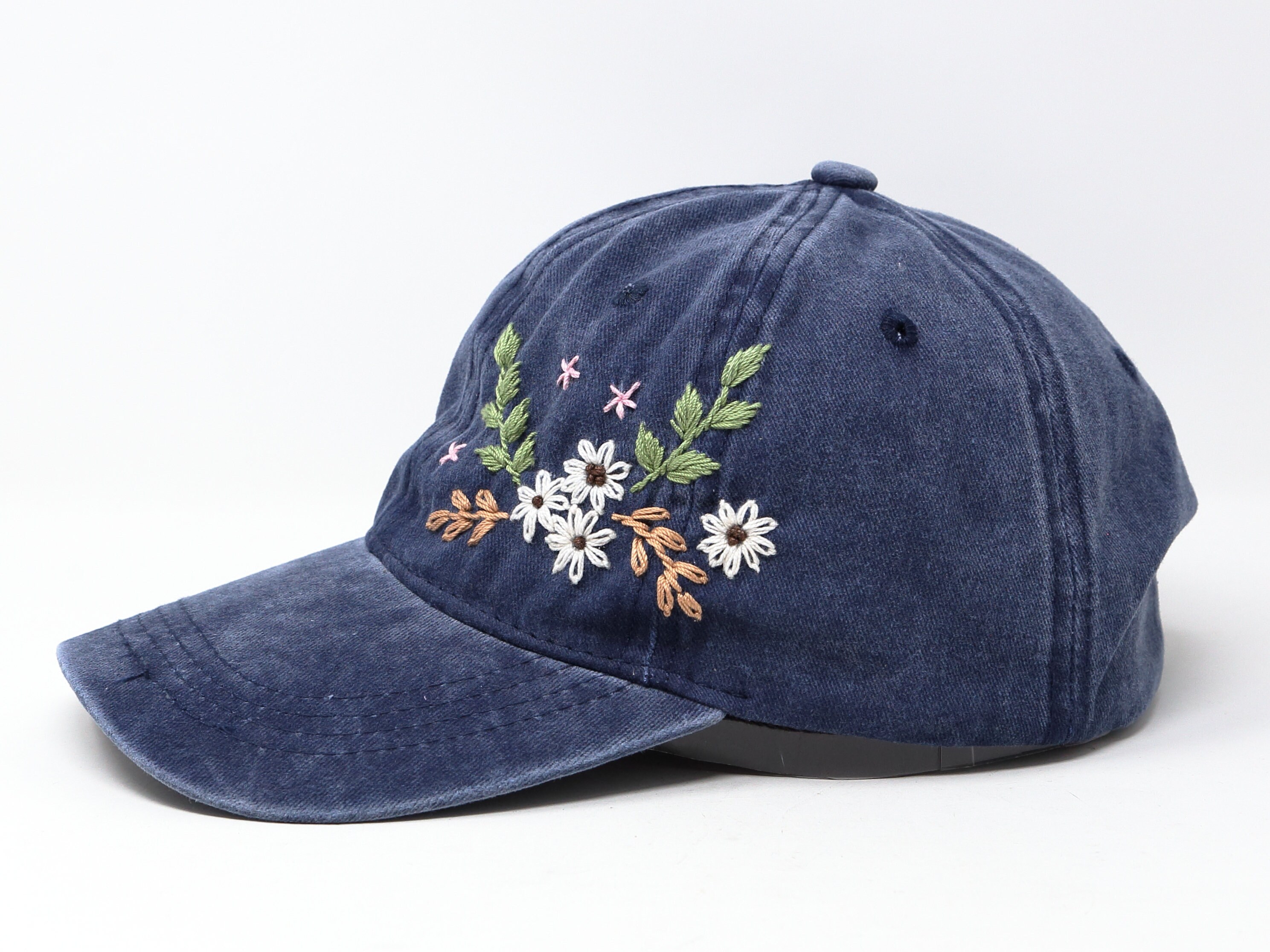 Flower Embroidered Cotton Baseball Cap, Hand Embroidered Daisy Fern ...