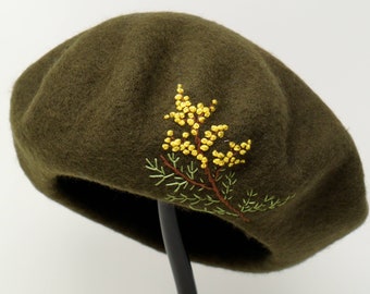 100% Wool Beret Hat, Handmade Mimosa Flower Winter French Cap Mud Green Hand Embroidered Gift Idea