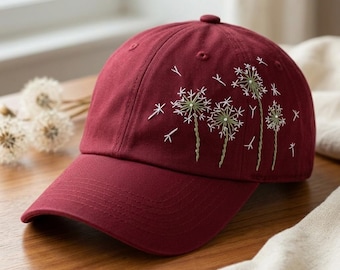 Wash Cotton Baseball Cap, Hand Embroidered Dandelion Garden Hat, Curved Brim Baseball Hat, Colorful Summer Cap