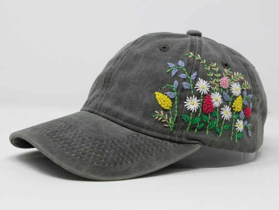 Hand Embroidered Flower Garden Washed Cotton Baseball Cap 