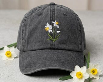 Geborduurde baseballpet met narcisbloem, gewassen katoenen zomerhoed met gebogen rand