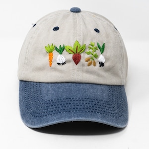 Hand Embroidered Mixed Vegetable Vege Garden Baseball Hat, Curved Brim Baseball Hat, Colorful Sun Summer Cap 2 tone blue