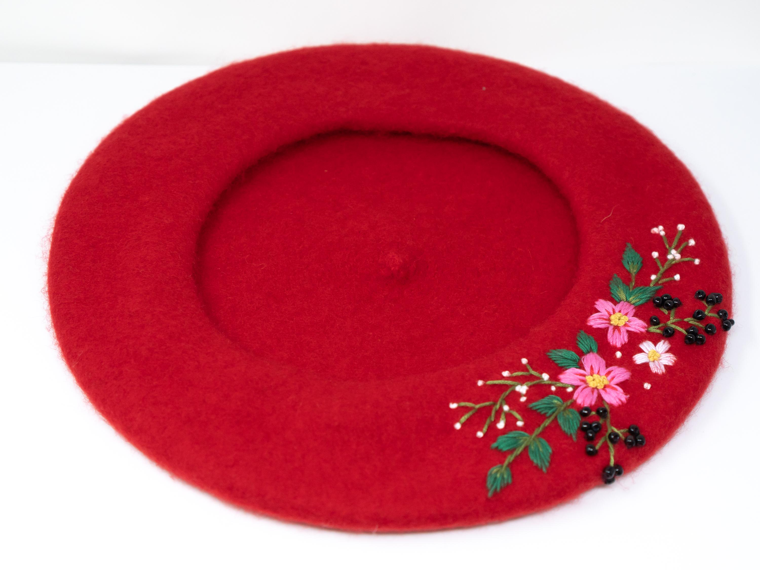 Handmade Wool Beret With Floral Embroidery - French Style 