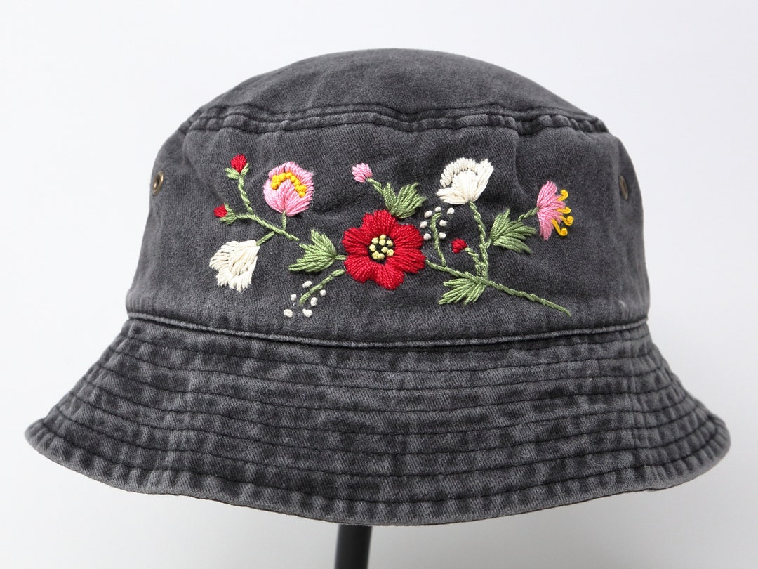 Summer Washed Cotton Bucket Hat, Hand Embroidered Red Poppy