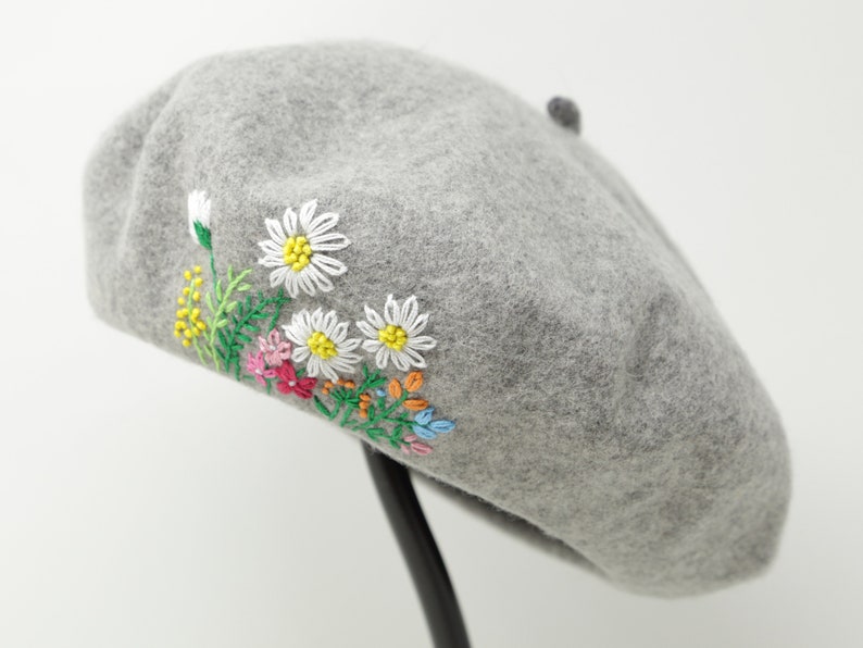 Embroidered Beret Hand Embroidered Hat Wool Beret Winter Beret Sunflower Hat Light Grey Winter Hat Beret Hat