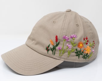 Fashionable Petals & Peaks Baseball Cap | Hand Stitched Khaki Beige Cotton Hat | Floral Headwear