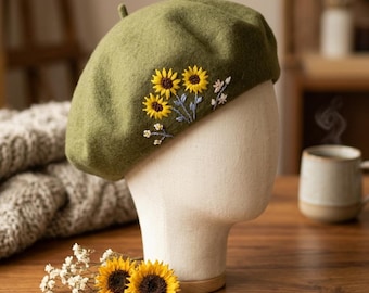 100% Wolle Beret Hut, Handgefertigte Winter Französische Mütze Hand Bestickt Sonnenblume Grasgrün