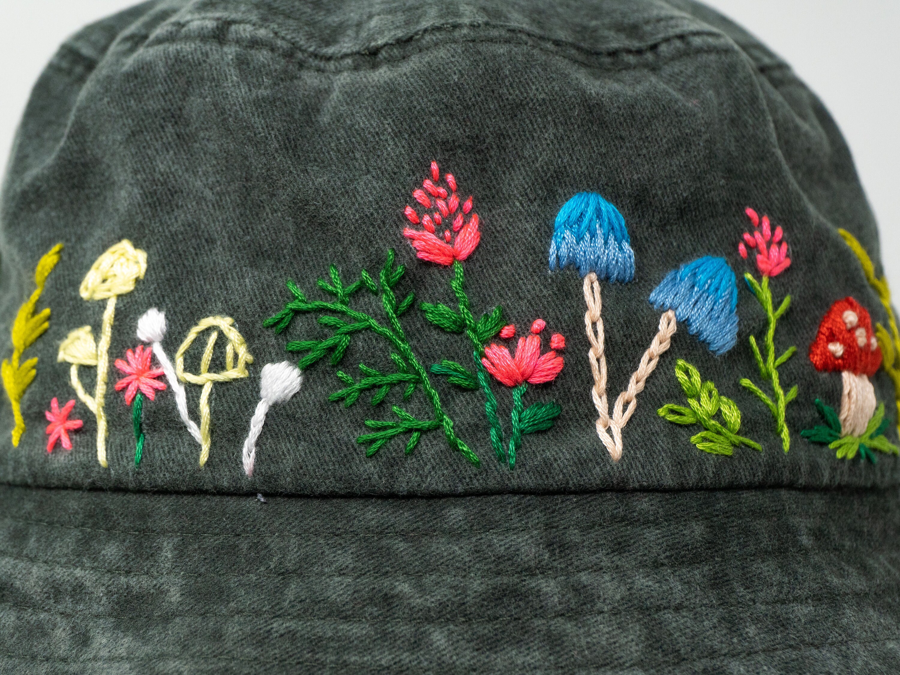 Garden Delight: Hand Embroidered Cotton Dark Green Bucket Garden Delight: Hand Embroidered Cotton Dark Green Bucket