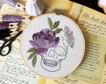 Peony hand embroidery PDF pattern, Folklore embroidery hoop, Modern witch embroidery, Skull beginner design, Moth cross stitch